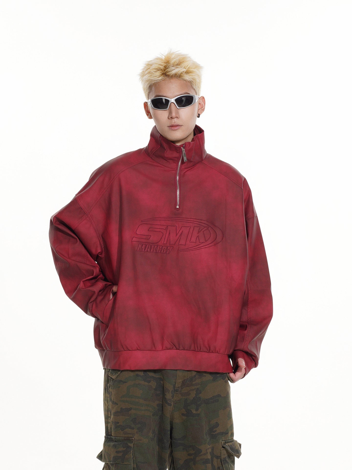 Sweat-shirt SMK à demi-zip – Col montant vintage effet délavé à l’acide