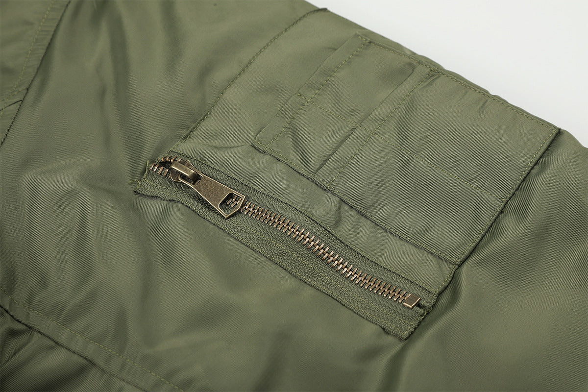 Army Green Bomber Jacket with Leopard Faux Fur Collar & Studs