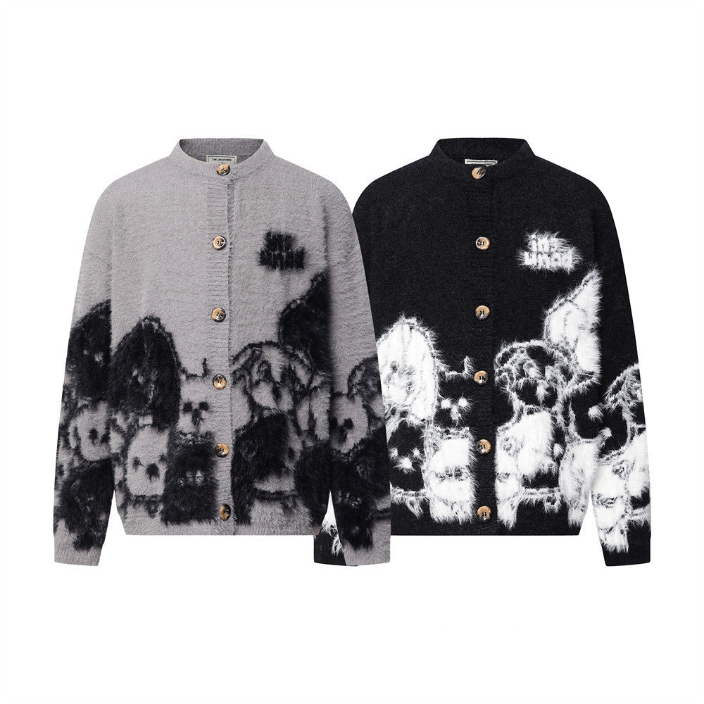 Cartoon Dog Jacquard Knit Cardigan Sweater – Fuzzy Intarsia Button-Up