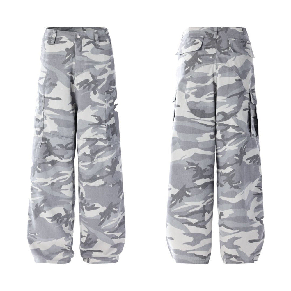 Mens Baggy Cargo Jeans Wide Leg White Camo Pants