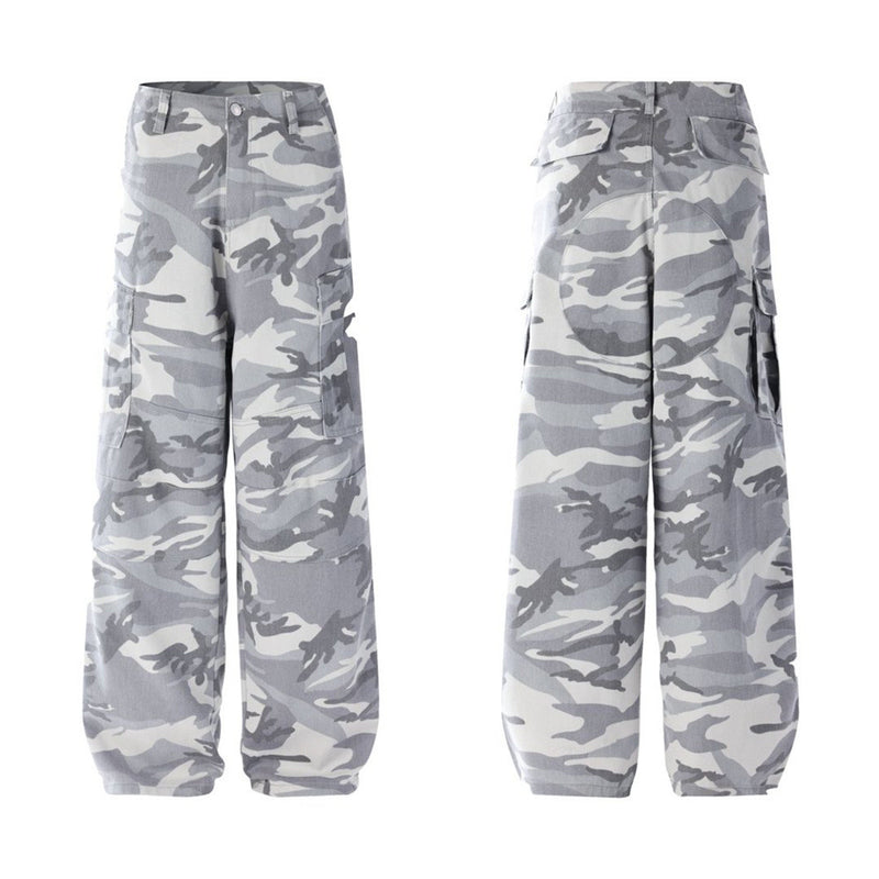 Mens Baggy Cargo Jeans Wide Leg White Camo Pants