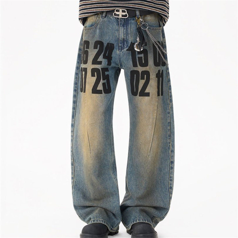 Men's Loose Fit Jeans Vintage Number Print Straight-Leg Baggy Denim Pants
