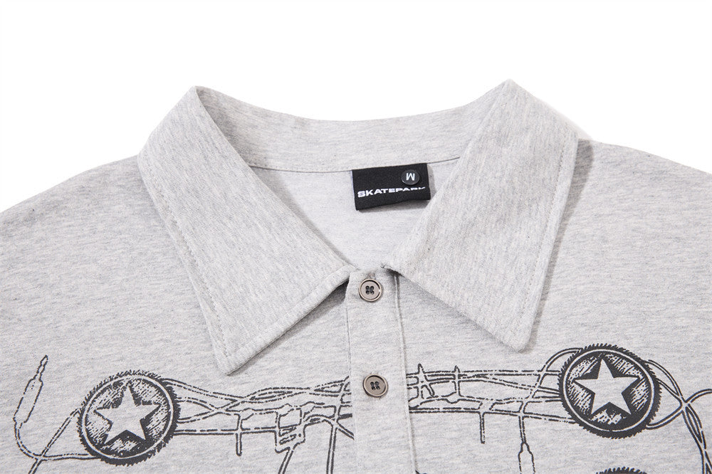 Long Sleeve Polo Shirt with Graffiti Star Print
