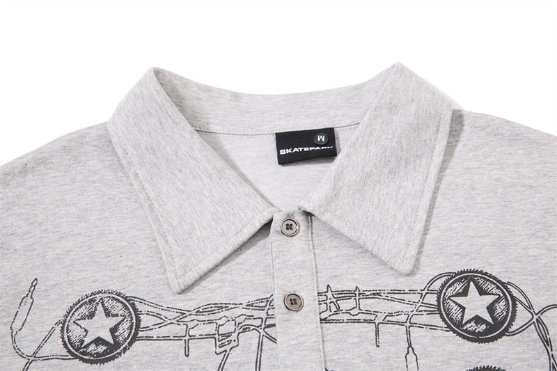 Long Sleeve Polo Shirt with Graffiti Star Print
