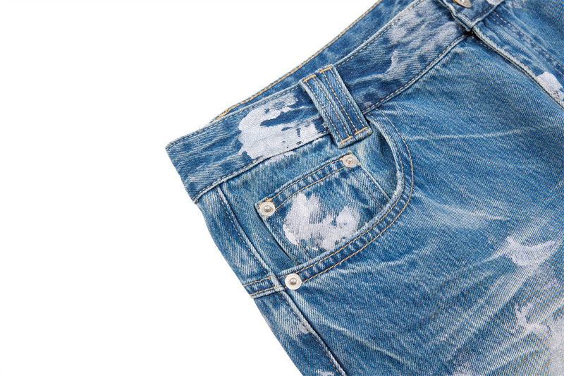 Distressed Flare Jeans – Men's Washed Blue Wide-Leg Denim with Paint Splatter