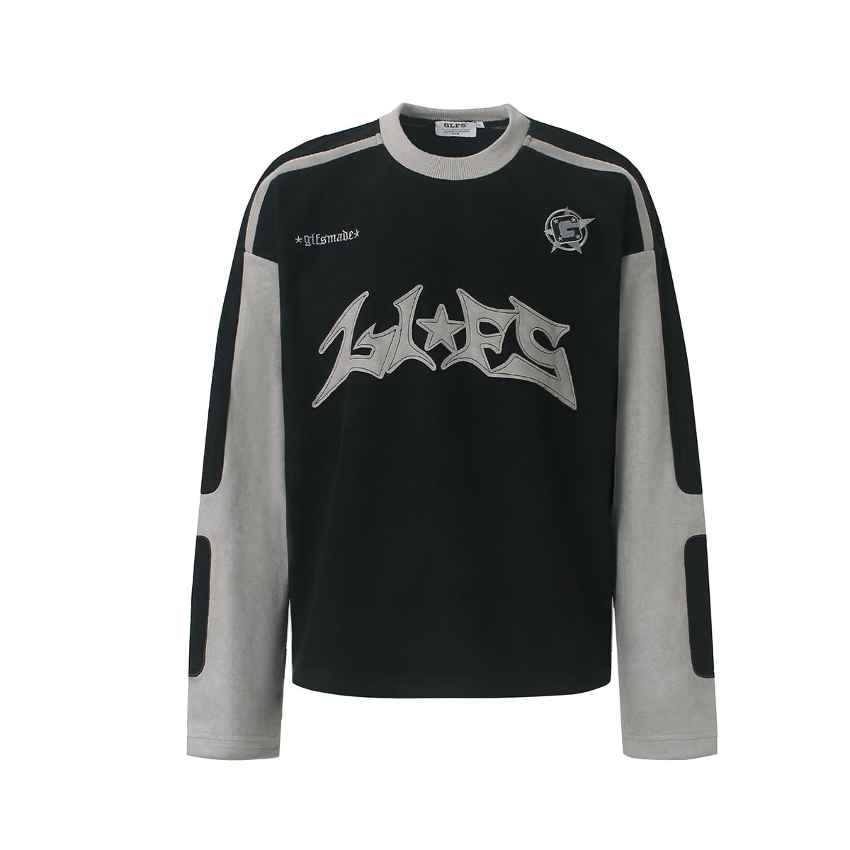 Langarmshirt aus velourslederartigem Material im Colorblock-Design mit Graffiti-Patch-Logo