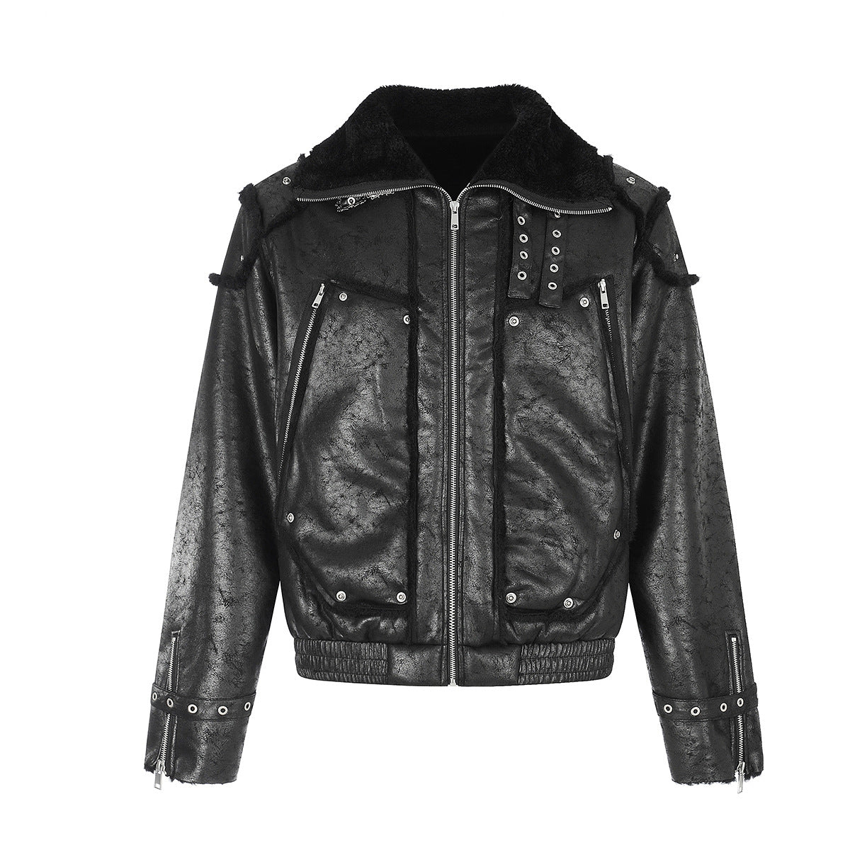 Black faux leather bomber jacket with shearling collar lining and silver moto hardware, front and back view