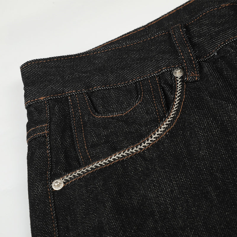 Men's Black Wide-Leg Raw Denim Jeans with Embroidered Pockets