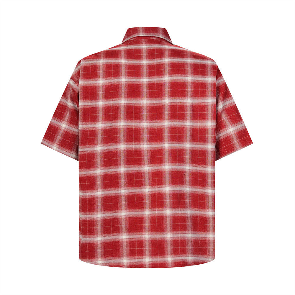Plaid Short-Sleeve Shirt with Embroidered Letter Patch & Pearl Studs