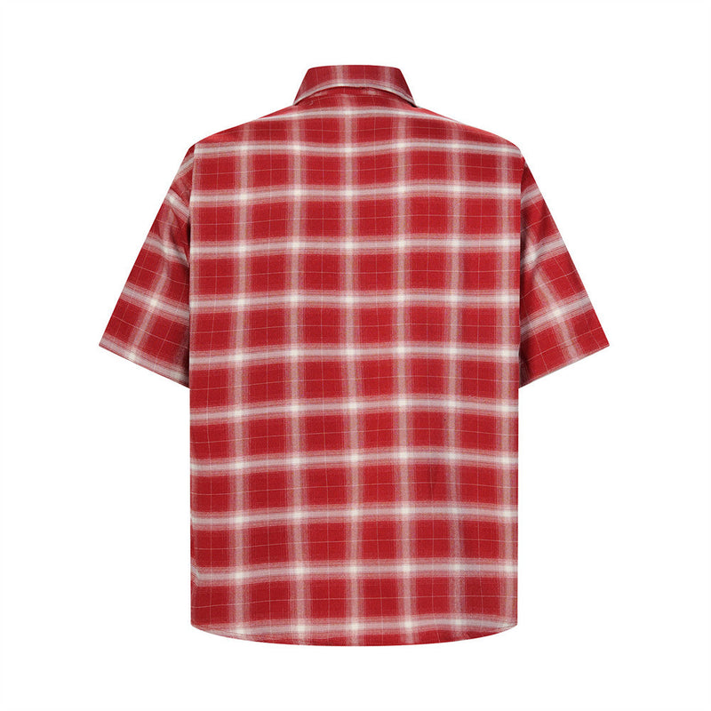 Plaid Short-Sleeve Shirt with Embroidered Letter Patch & Pearl Studs