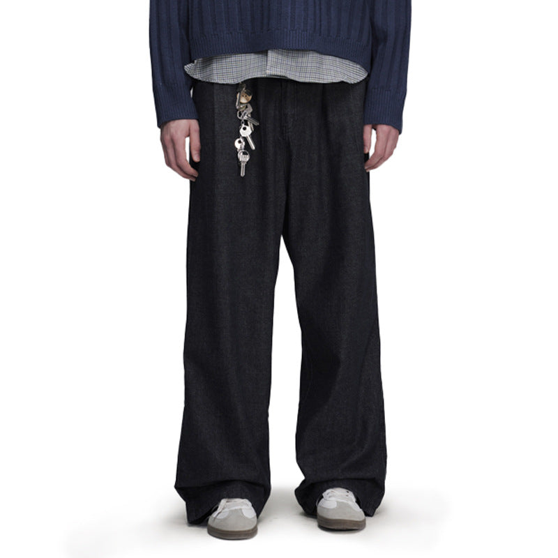 Wide-Leg Straight Casual Pants for Men — Relaxed Fit Pleated Denim Trousers