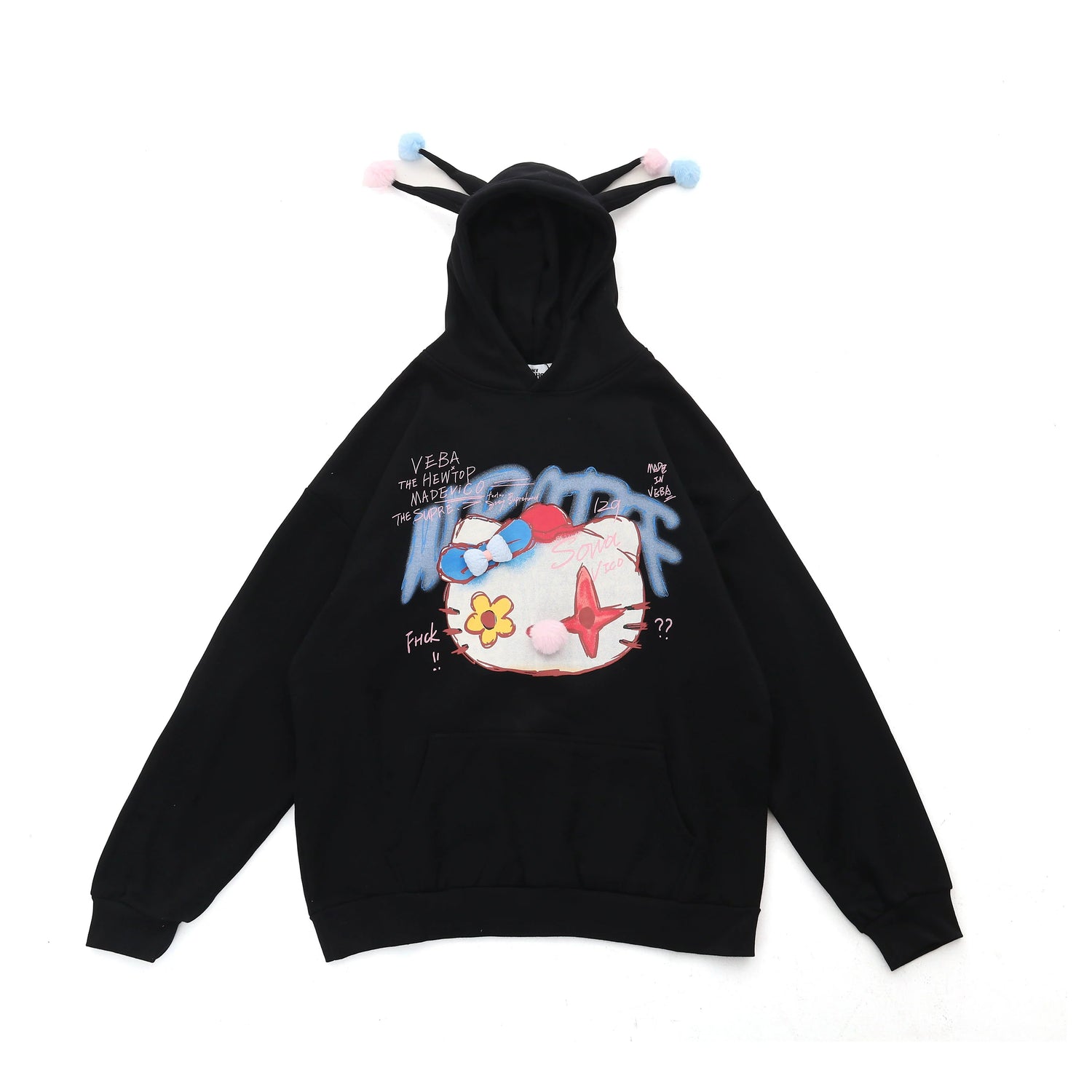 The Kawaii Pom-Pom Crown Hoodie by Seakoff offers streetwear allure with its unique cat graphic and is adorned with playful 3D pom details on a cute grey hoodie.