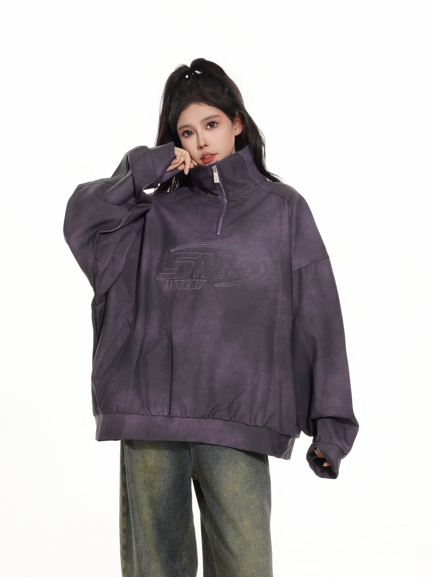 Sweat-shirt SMK à demi-zip – Col montant vintage effet délavé à l’acide