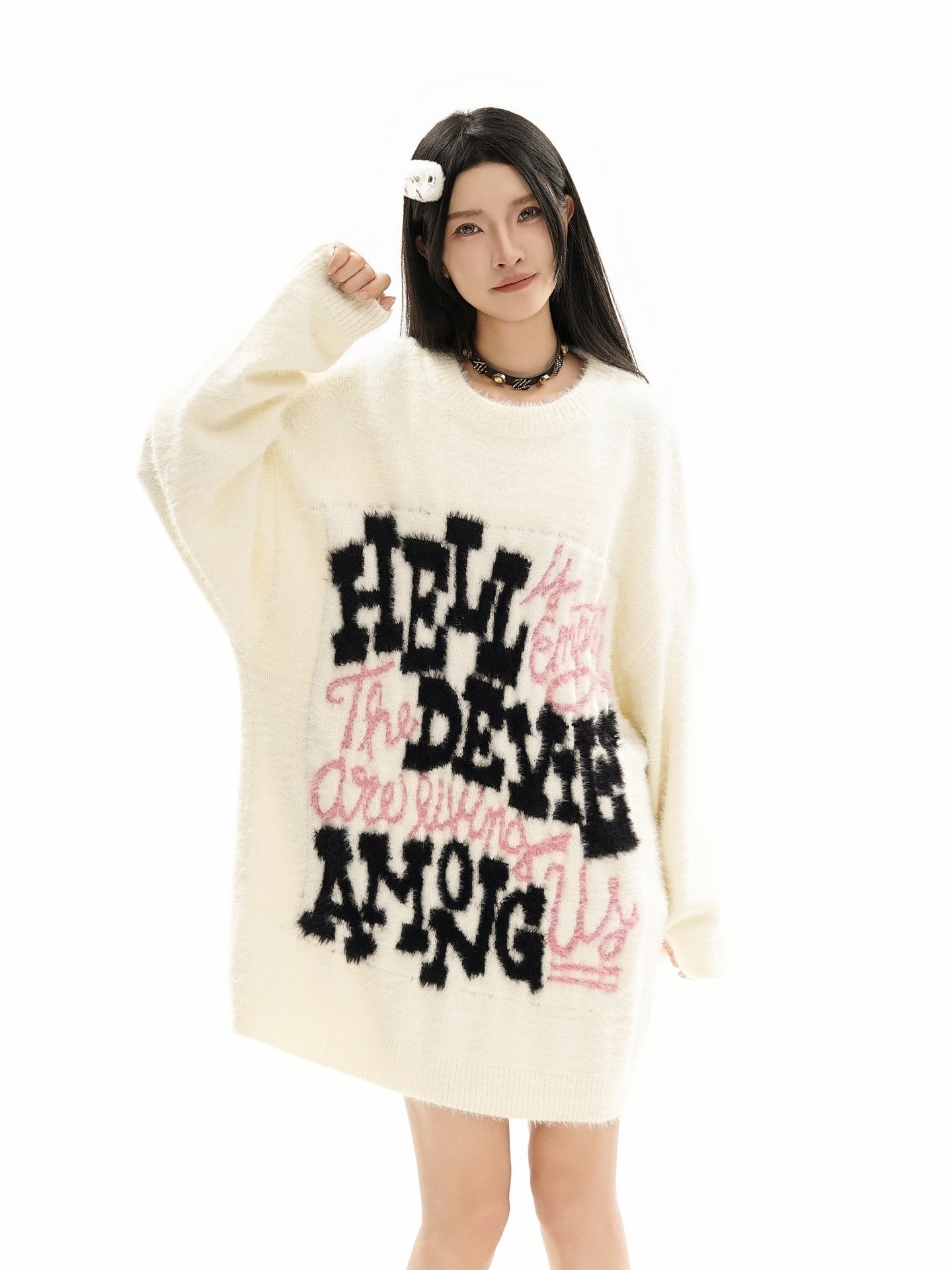 Pull oversize en maille jacquard à lettrage – Hell Is Empty, motif graffiti