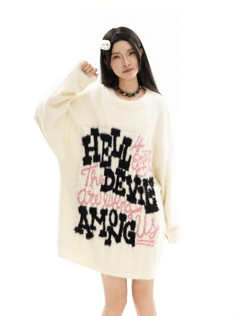Pull oversize en maille jacquard à lettrage – Hell Is Empty, motif graffiti