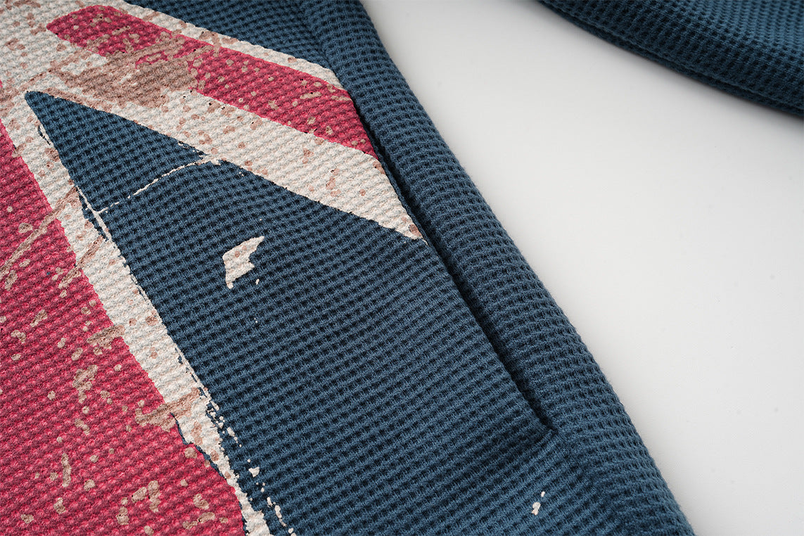 Union Jack Zip-Up Hoodie – Vintage British Flag Waffle-Knit Cardigan in Navy