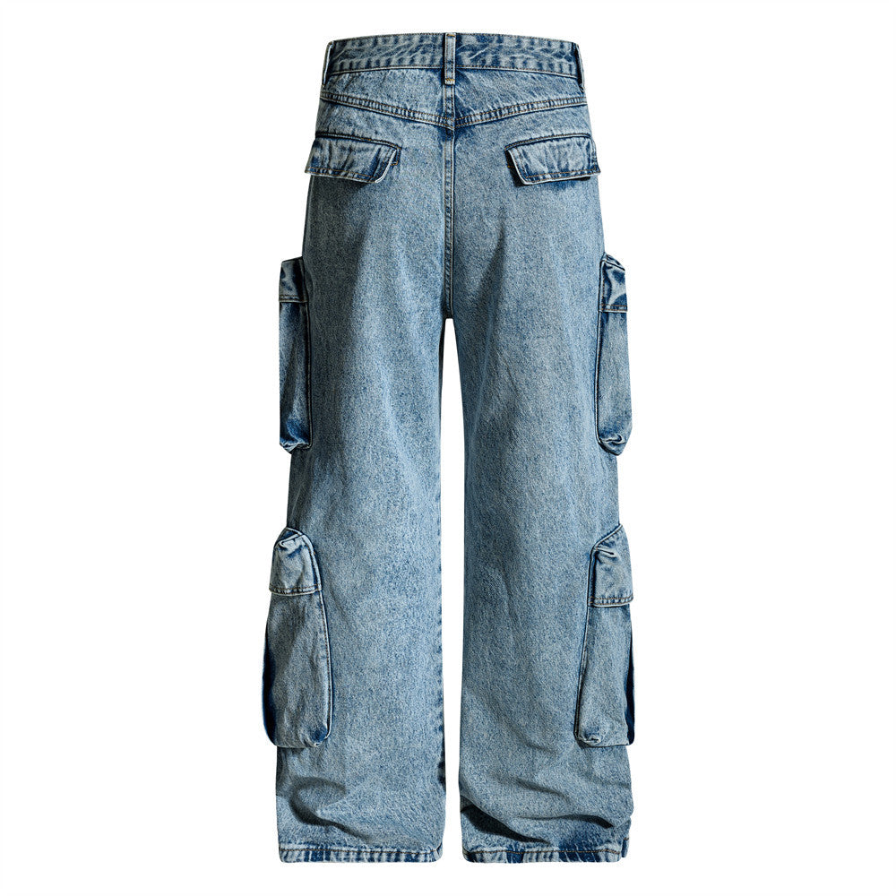 Men's Baggy Cargo Denim Jeans – Wide Leg, Multi-Pocket, Acid Wash
