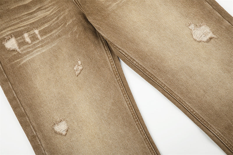Men's Distressed Wide-Leg Flare Jeans – Vintage Sand-Washed Brown Denim
