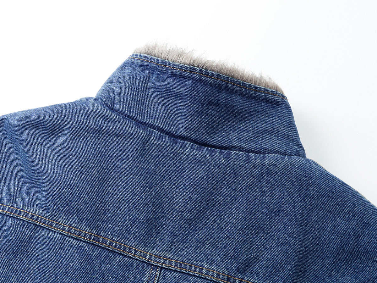 Fur-Lined Denim Jacket – Men's Winter Bomber with Faux Fur Collar & Quilted