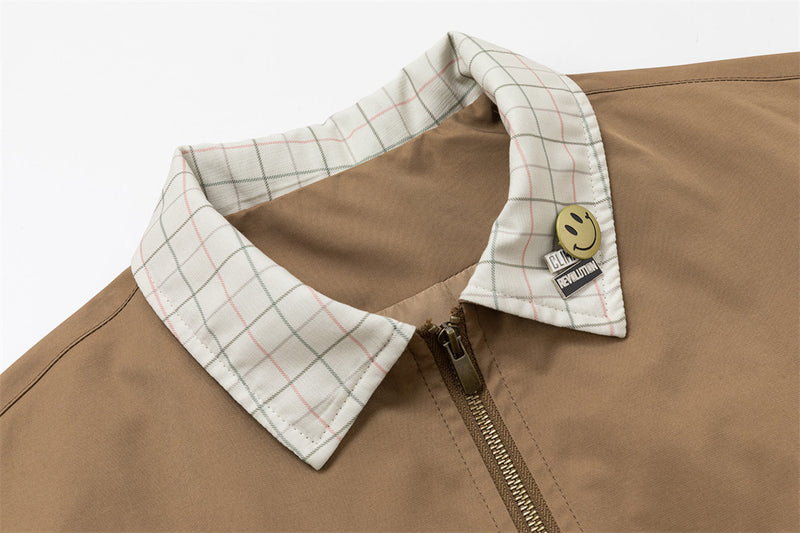 Men's Cargo Zip Jacket with Plaid Contrast Collar and Patch Pockets — Khaki