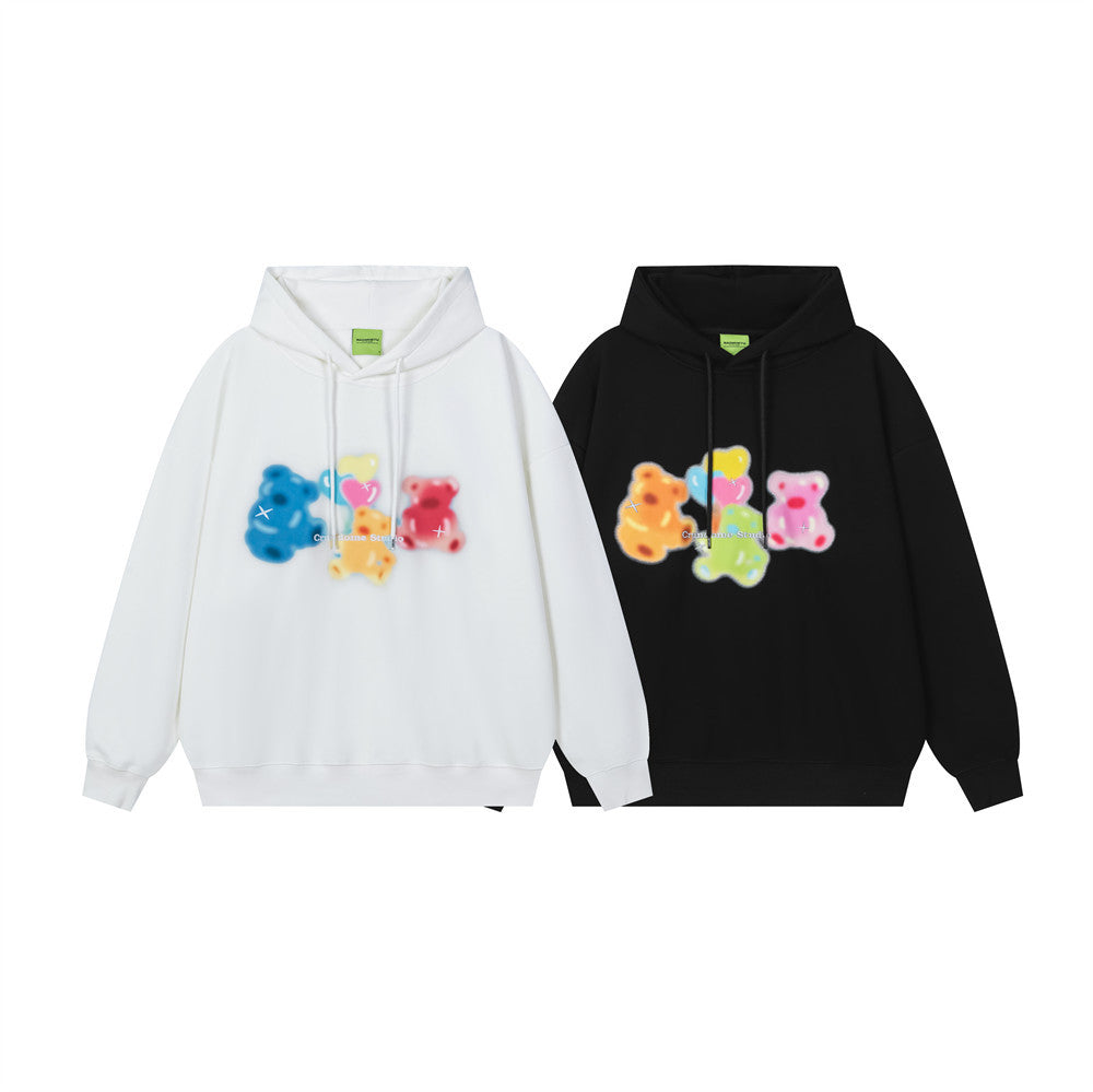 Oversized Hoodie mit farbenfrohem Gummibärchen-Print auf der Brust, in Schwarz und Weiß