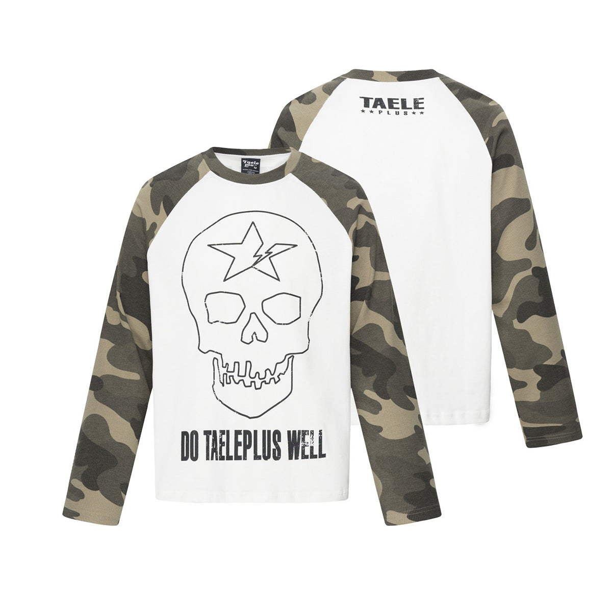 Camiseta raglán gótica de manga larga con camuflaje de calaveras — Camiseta streetwear de cuello redondo