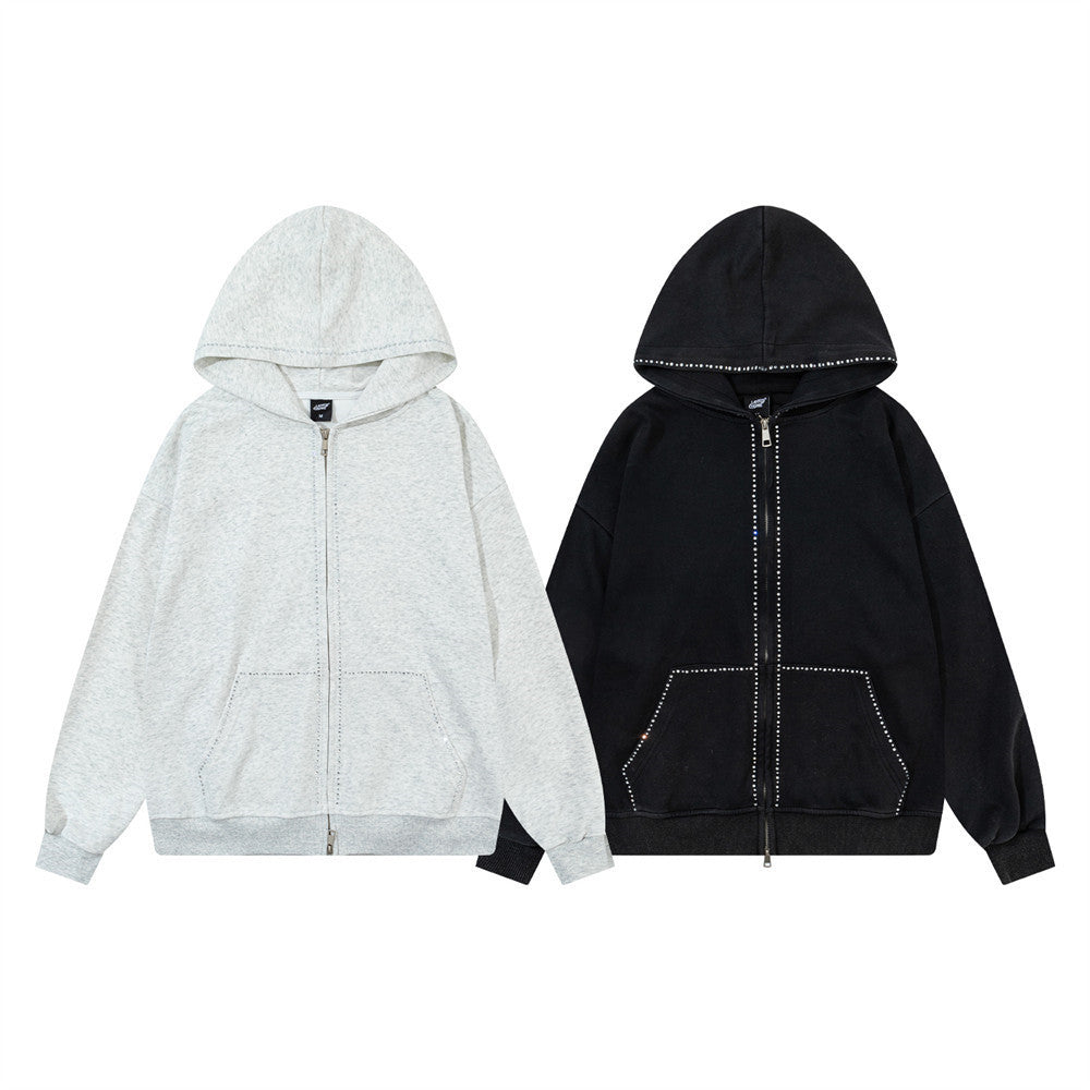 Hoodie zippé avec bordure en strass et double zip — Streetwear délavé