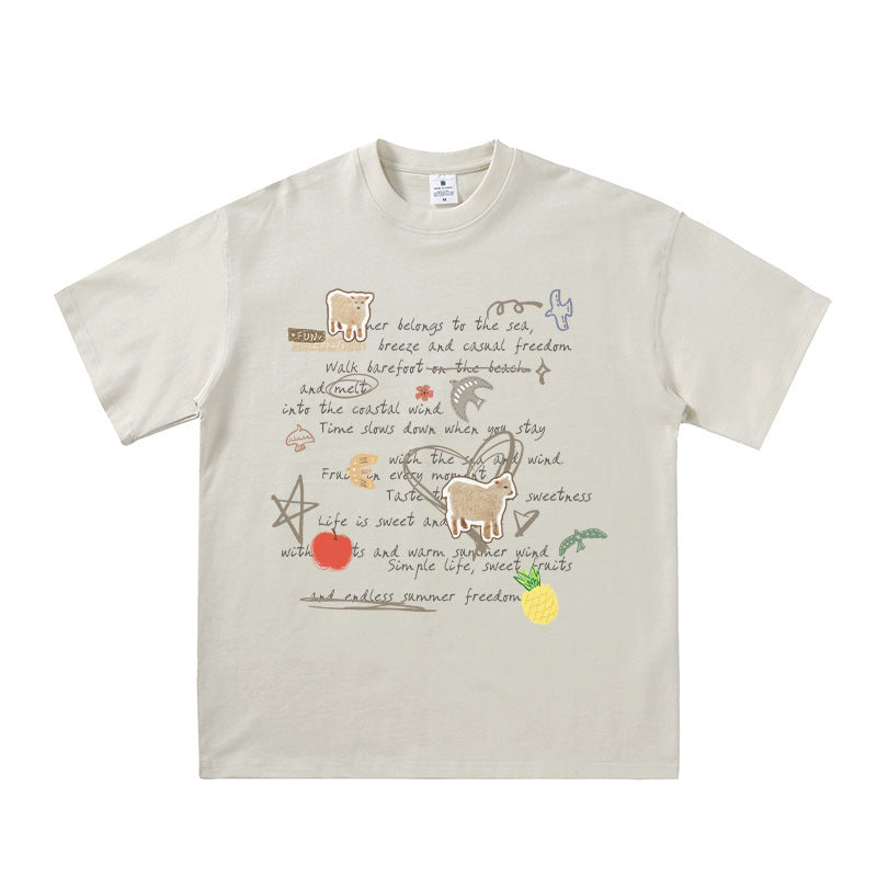 Summer Freedom Graphic T-Shirt | Sheep & Fruit Print Oversized Tee