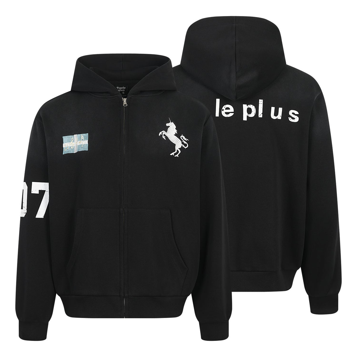 Zip-Hoodie mit aufgesticktem Einhorn und Badge-Patches – Gewaschener Farbverlauf