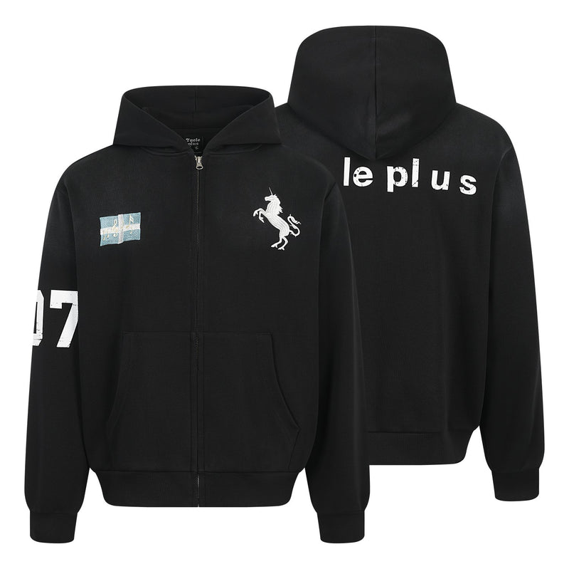 Zip-Hoodie mit aufgesticktem Einhorn und Badge-Patches – Gewaschener Farbverlauf