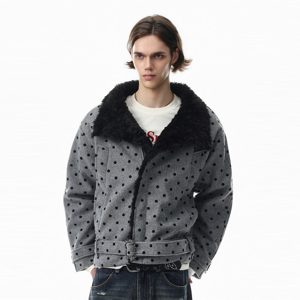 Men's heather grey polka dot wool-blend padded jacket with black faux-fur collar and waist belt, front and back view