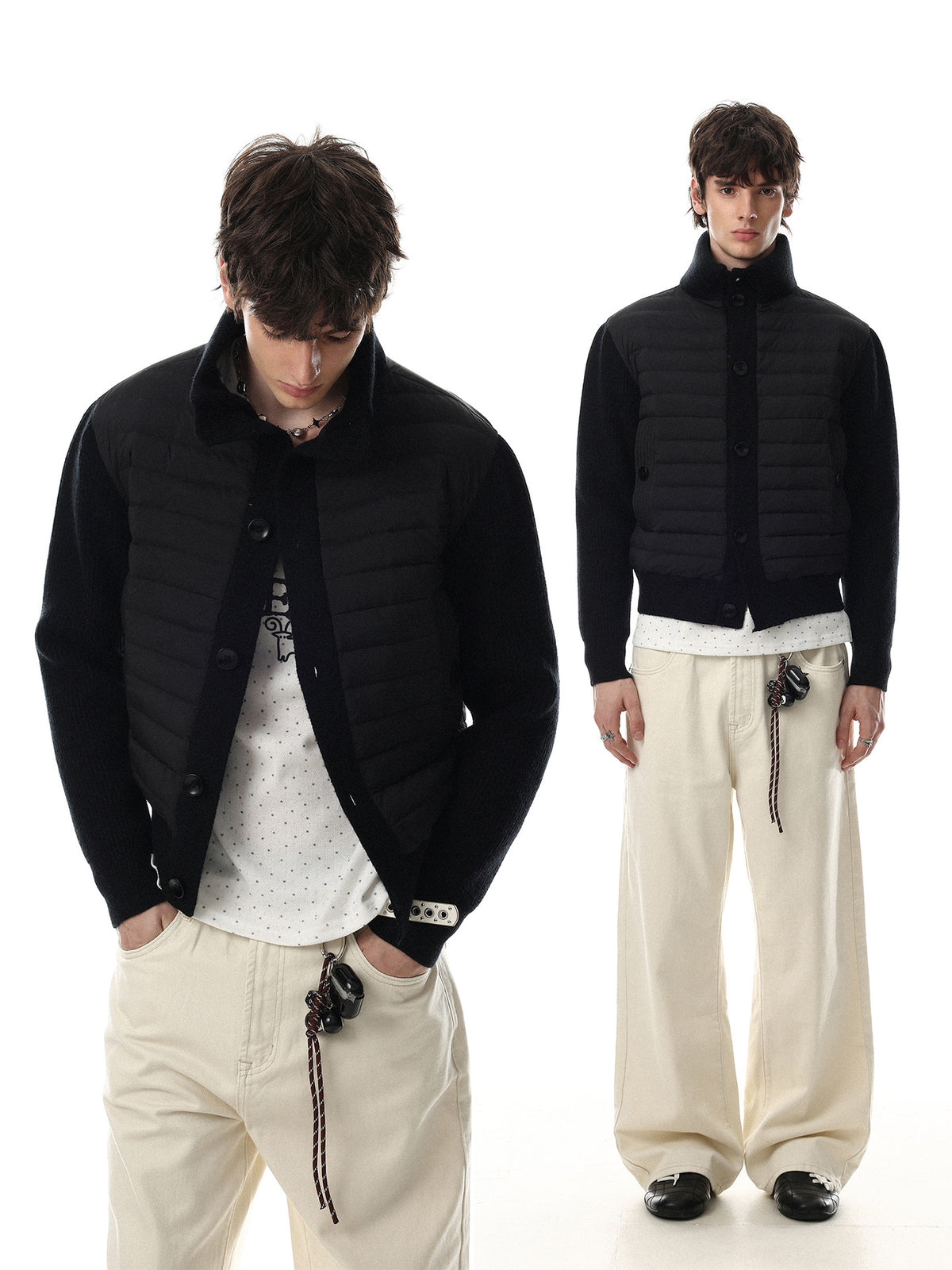 Gesteppte Puffer-Hybridjacke – Strickärmel und Stehkragen