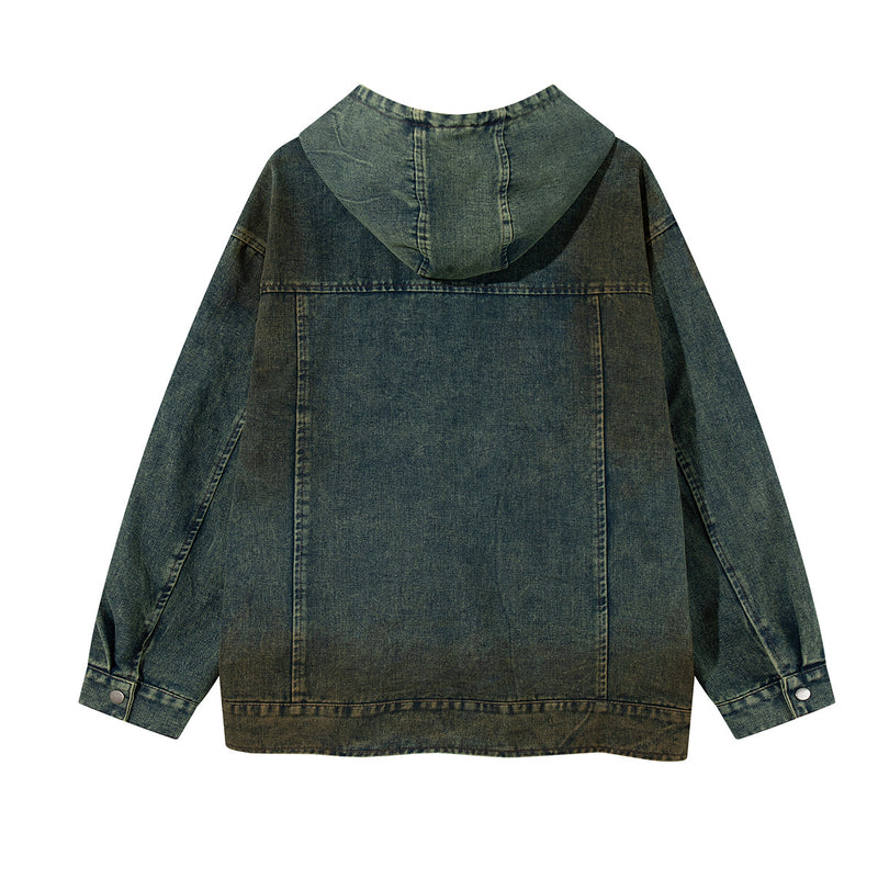Boxy Washed Denim Hoodie Jacket with 88 Embroidered Patches