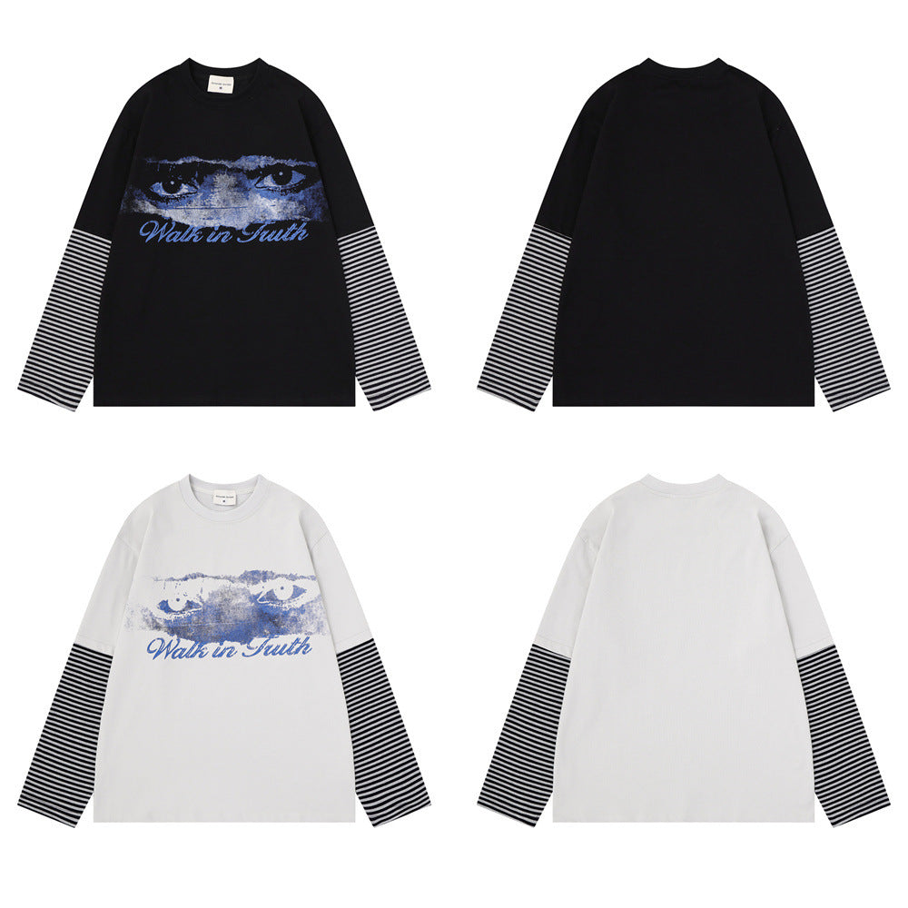 T-shirt homme à manches longues – Imprimé yeux, effet deux-en-un et manches rayées
