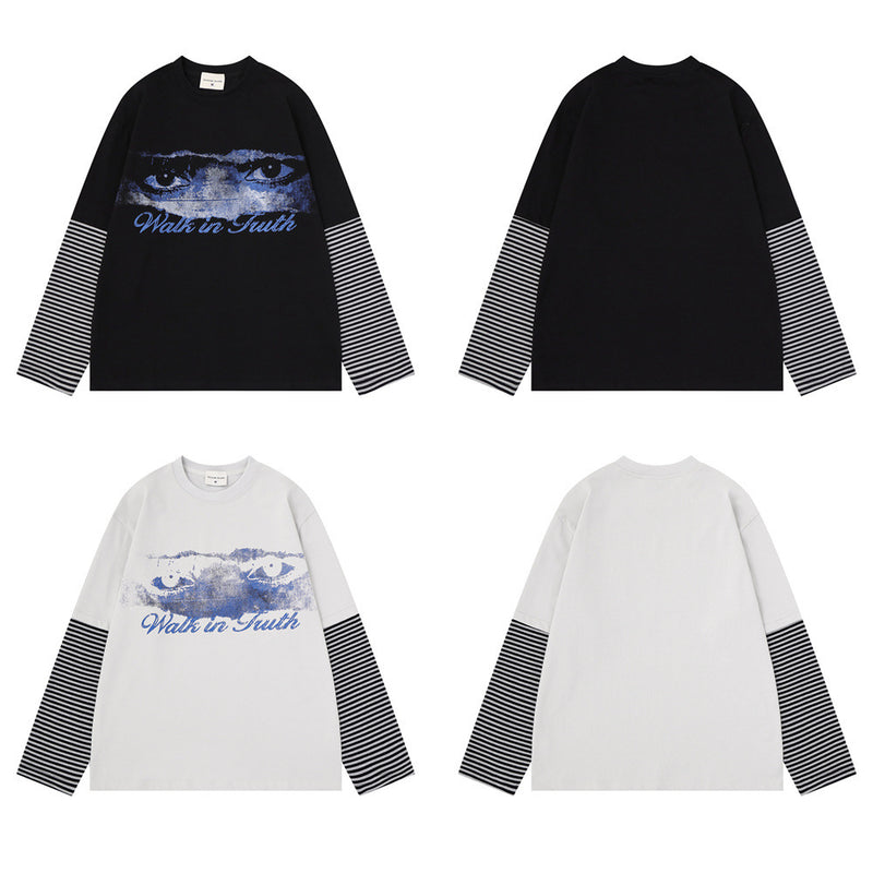 T-shirt homme à manches longues – Imprimé yeux, effet deux-en-un et manches rayées
