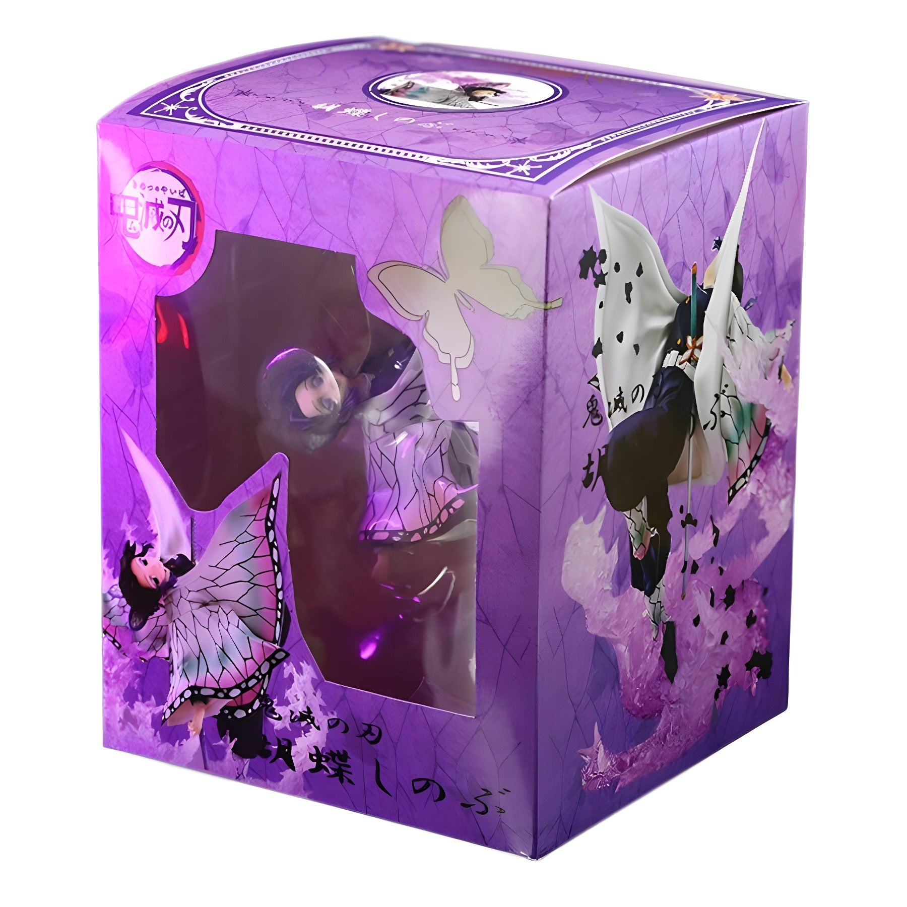 The Demon Slayer Shinobu Kocho 20cm figure comes in a purple box with butterfly motifs and Japanese text. A clear window showcases part of the elegant white and purple themed Butterfly Ninja figure, making it a striking collector&