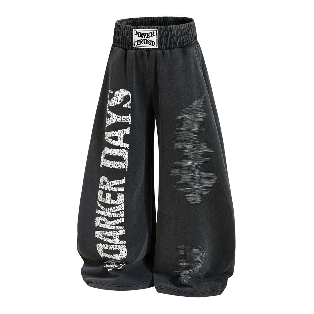 Wide-Leg Sweatpants with Cracked Letter Print and Lightning Graphic