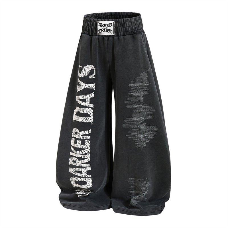 Wide-Leg Sweatpants with Cracked Letter Print and Lightning Graphic