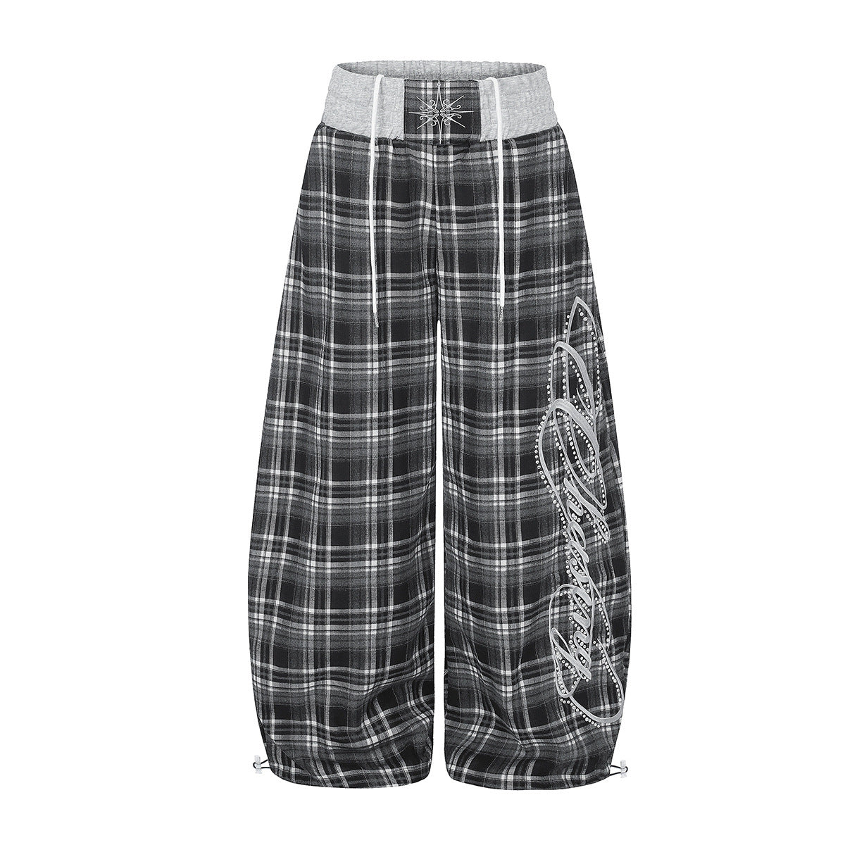 Plaid Wide-Leg Sweatpants with Drawstring Waist & Script Graphic