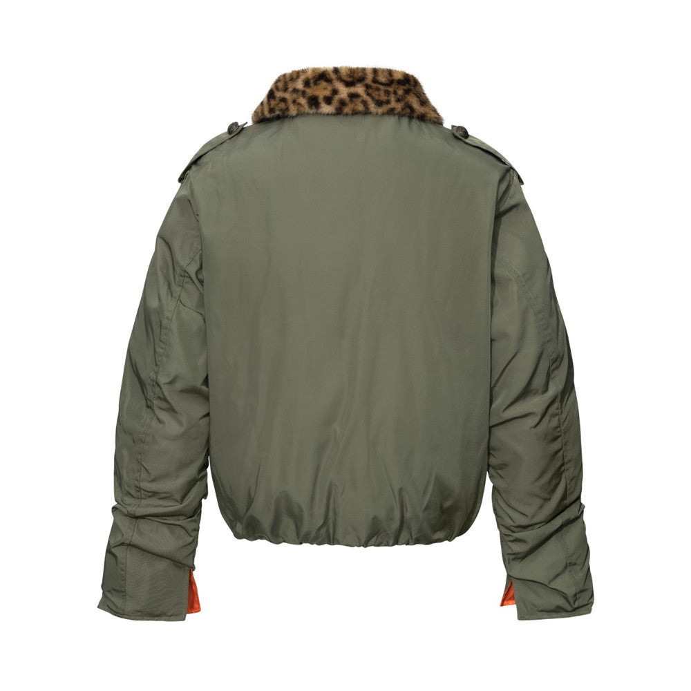 Men's Double-Breasted Padded Jacket with Leopard Faux-Fur Collar