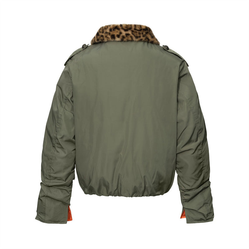 Men's Double-Breasted Padded Jacket with Leopard Faux-Fur Collar