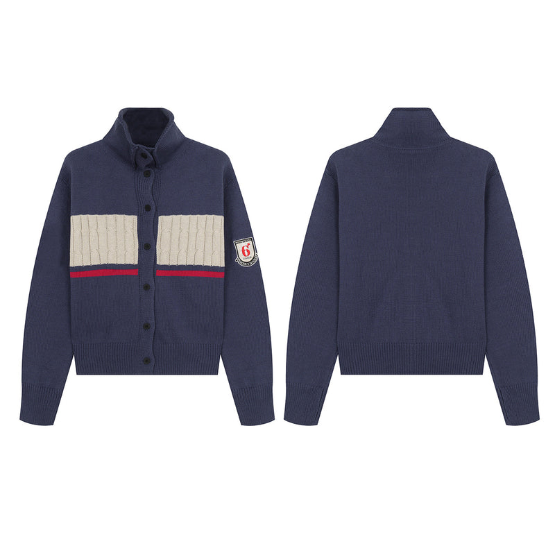 Cable Knit Colorblock Cardigan Sweater – Navy Stand Collar Button-Up