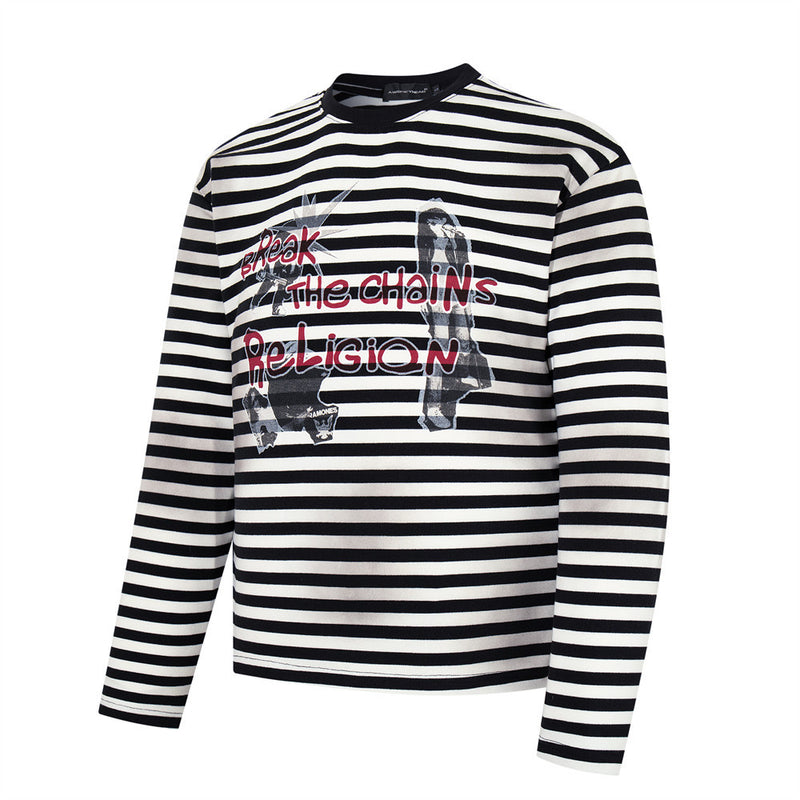 Striped Long-Sleeve Tee with Punk Graphic Print – Relaxed Fit