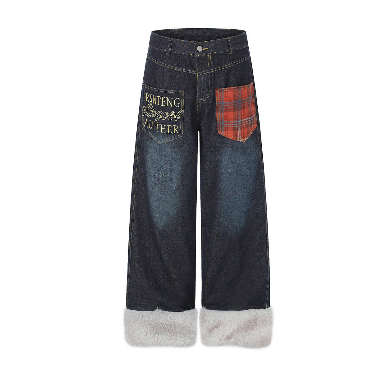 Jean baggy à jambes larges avec ourlet en fausse fourrure, poche à carreaux et broderie