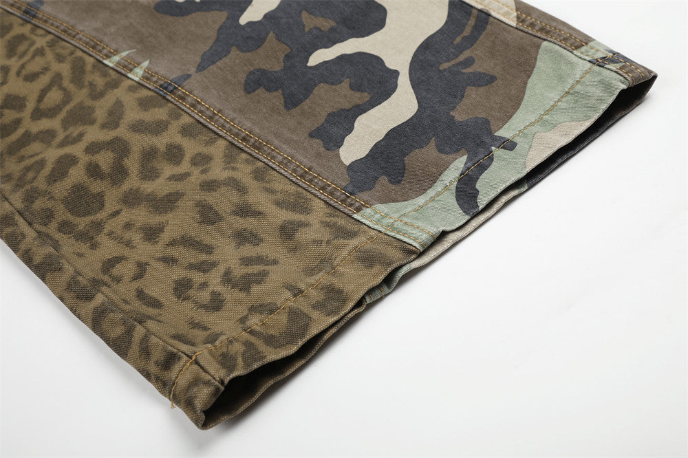 Camo & Leopard Patchwork Wide-Leg Cargo Pants