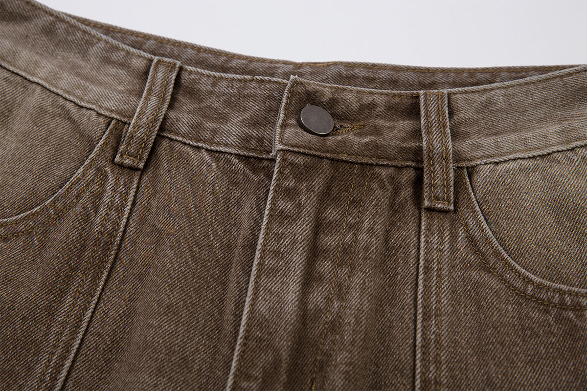 Jean cargo baggy taille haute – Denim marron délavé à jambes larges et coutures courbes