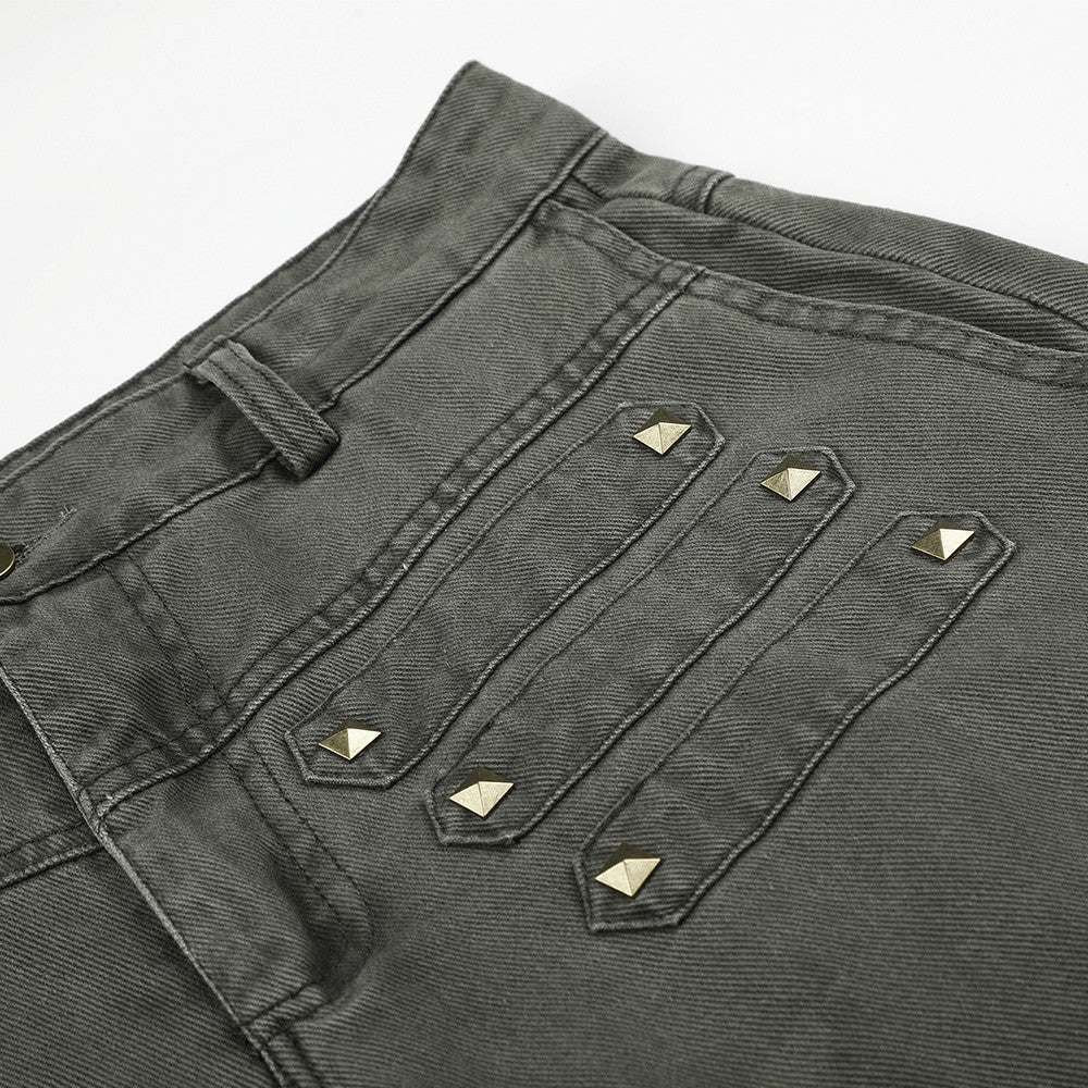 Wide-Leg Cargo Pants with Gold Pyramid Studs – Punk Workwear Straight-Cut
