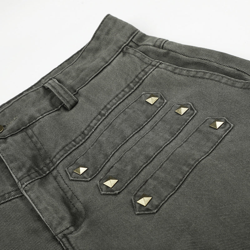 Wide-Leg Cargo Pants with Gold Pyramid Studs – Punk Workwear Straight-Cut