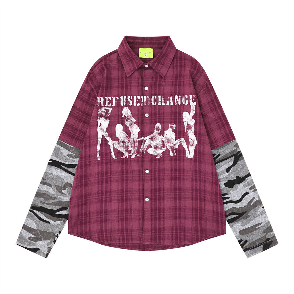 Men's Plaid & Camo Splice Long Sleeve Shirt with Figure Graphic Print