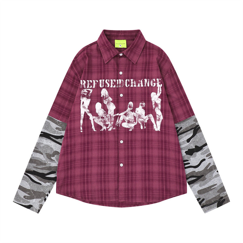Men's Plaid & Camo Splice Long Sleeve Shirt with Figure Graphic Print